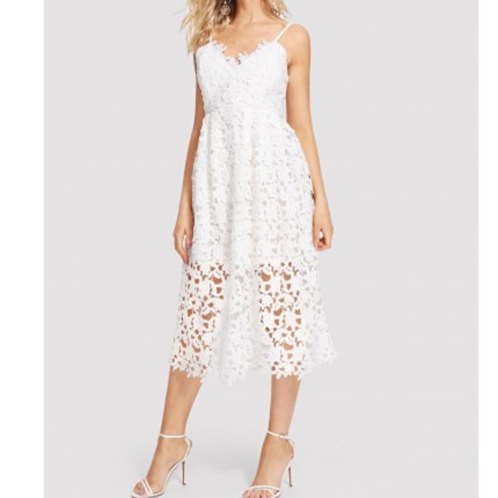White Lace Hollow Out Cami Spaghetti Strap dress